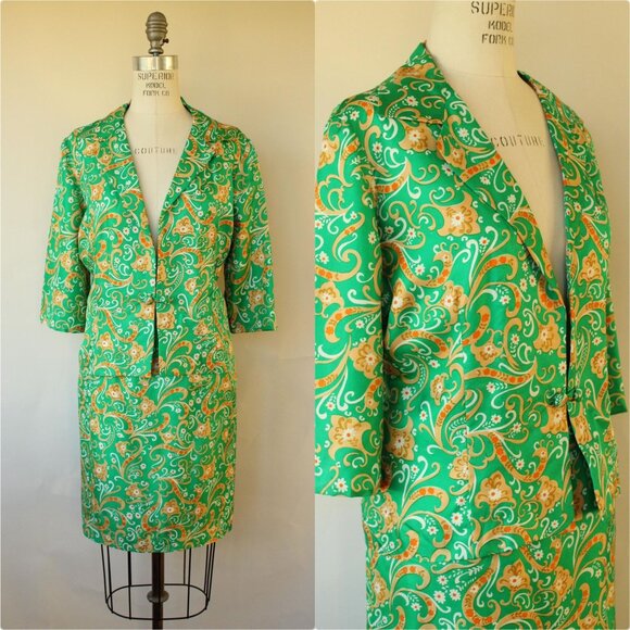 Vintage 1960s Suit, Green and Gold Silk Jacket and Skirt with Pockets, Two Piece - Picture 1 of 10